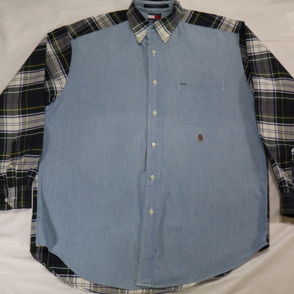 VTG 90s TOMMY HILFIGER Denim Shirt w/ Plaid - Picture 2 of 8